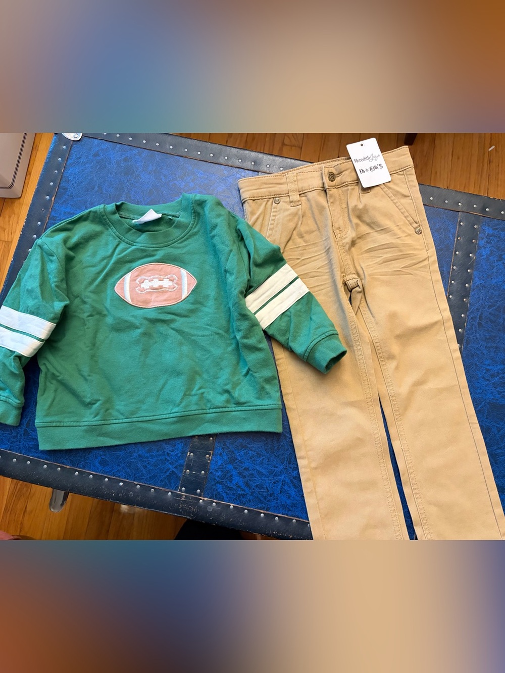 Angel Dear Green Football Sweatshirt & Tan Pants Kids Matching Set